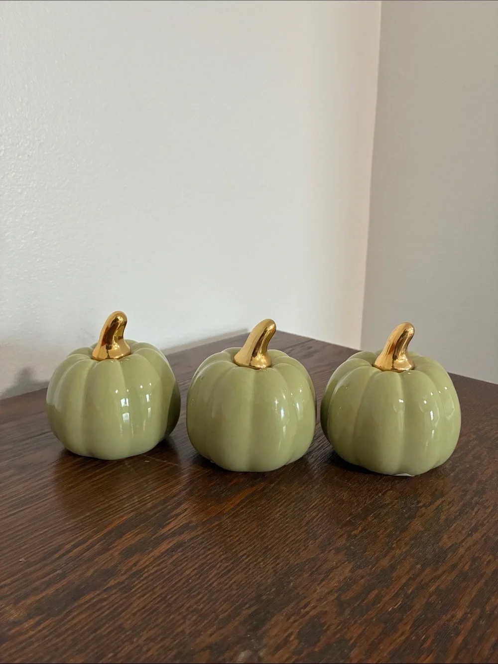 NWT- Set of 3- Glossy Green Ceramic Pumpkin Decorations with Gold Stems